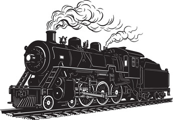 Vintage steam locomotive train on tracks with smoke clouds and industrial design details for retro travel. © dkzone09 