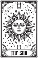 Sun tarot card illustration with astrological zodiac symbols and mystical celestial elements for divination. © dkzone09 