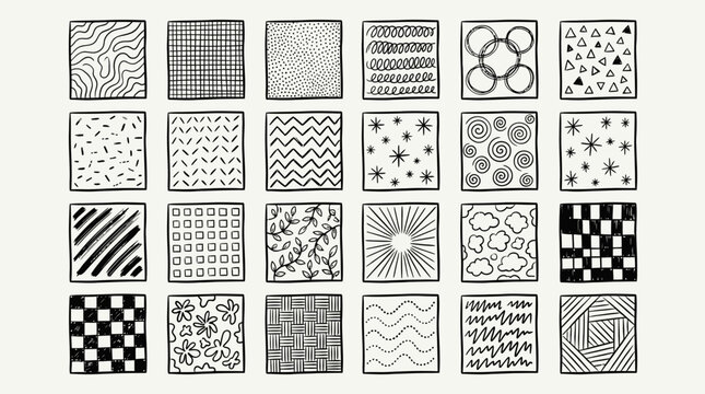 Collection of hand drawn doodle seamless pattern swatches in square frames, perfect for graphic design, textile printing and digital scrapbooking