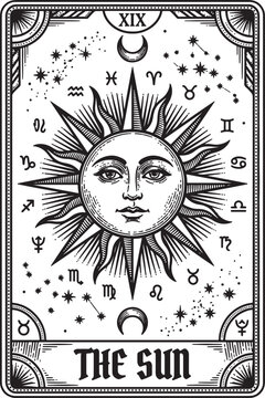 Sun tarot card illustration with astrological zodiac symbols and mystical celestial elements for divination.
