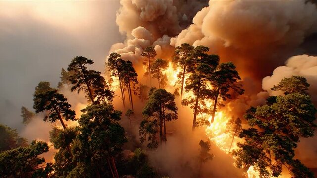 Forest Fire Blaze: Towering flames engulf a dense forest, with thick plumes of smoke billowing into the sky, creating a scene of intense destruction and urgency.