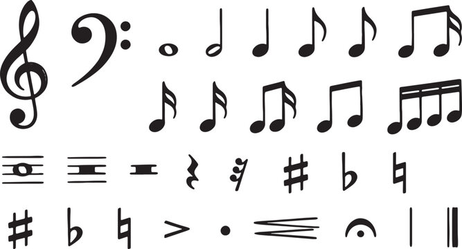 Music notes and symbols set on transparent background including treble clef bass clef and rhythmic notations.