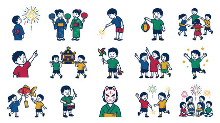 Fototapeta premium Japanese Summer Festival Traditions for Kids Flat Illustration - Children Enjoying Cultural Activities