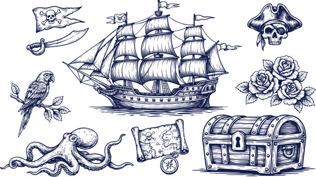 Vintage pirate themed illustration set featuring a sailing ship treasure chest skull parrot and nautical map