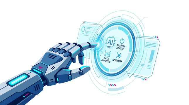 Robot hand touches AI interface.