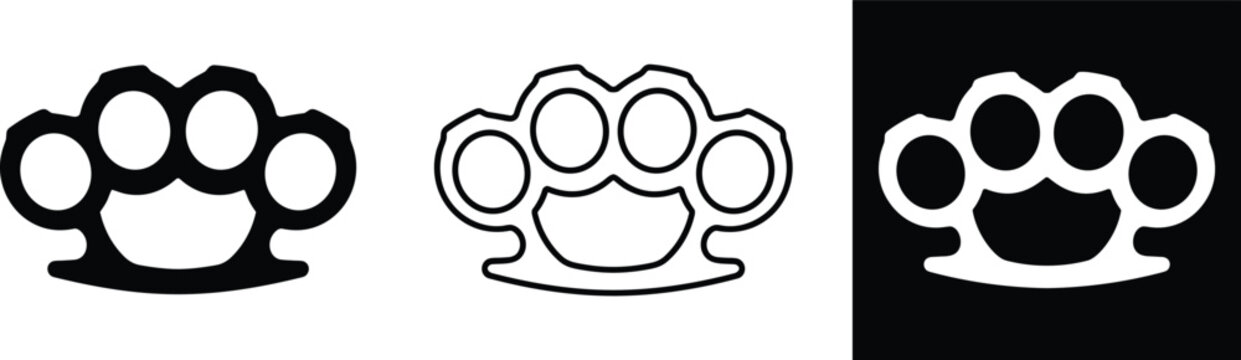 Brass knuckles icon set featuring black solid silhouette minimalist line art outline and white negative space square options vector
