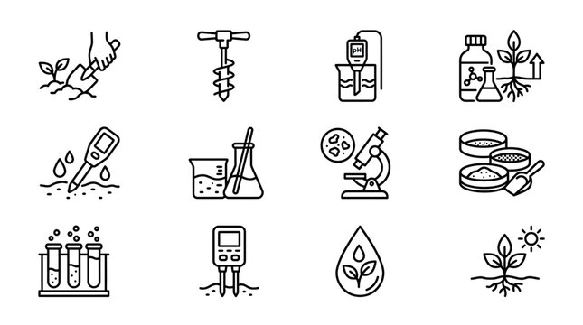 Agriculture and Science Icons: Soil Testing, Plant Growth, Lab Equipment, and Research