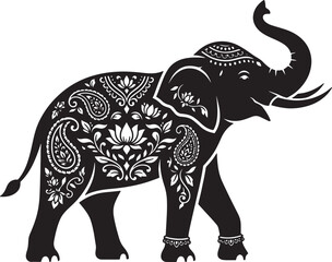 Intricate elephant silhouette featuring decorative traditional floral paisley ornaments on isolated background. © dkzone09 