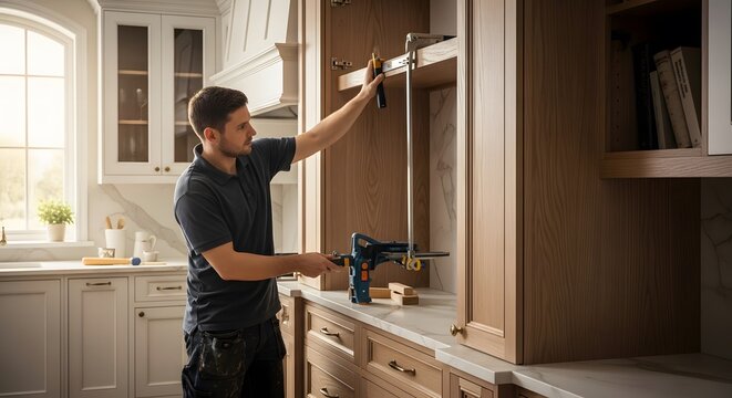 Professional carpenter installing custom wooden kitchen cabinets.