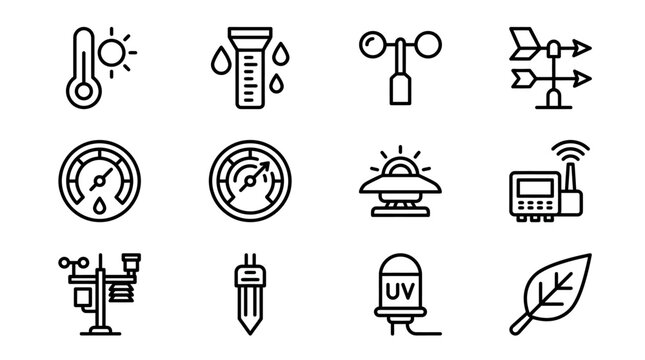 Weather Station Icons: Thermometer, Hygrometer, Anemometer, Wind Vane, Barometer