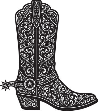 Detailed western cowboy boot with ornate scrollwork and decorative floral patterns and a spur.