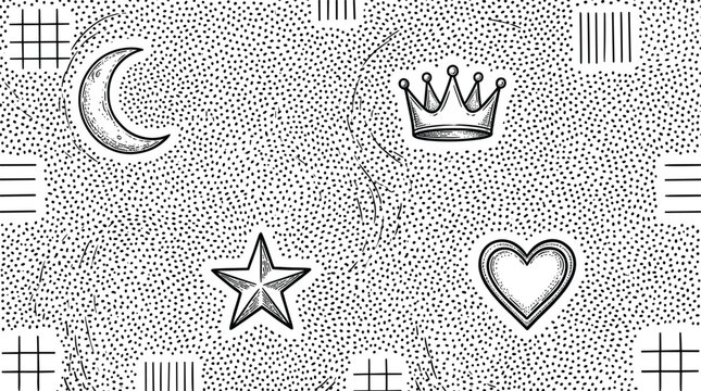 Vintage engraving stipple background featuring hand drawn crown crescent moon heart and star vector icons.eps