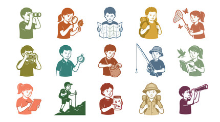 Obraz premium Retro Vector Illustration of Diverse Kids Exploring Nature Engaging in Outdoor Activities for Childhood Education
