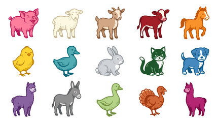 Fototapeta premium Cute Cartoon Farm Animals Vector Set - Livestock Collection for Agriculture Children's Education