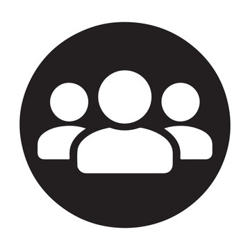 Minimalist vector graphic icon depicting a group of three people inside a solid black circle