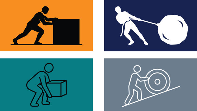 Business challenge and labor vector icons collection showing man rolling wheel uphill and pulling heavy load silhouette graphics