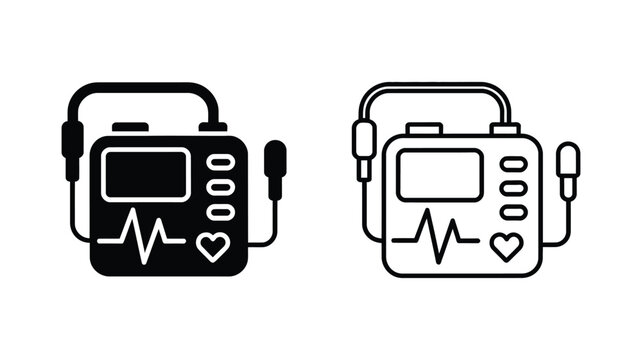 Automated external defibrillator icons featuring medical device, AED equipment, emergency response, cardiac rescue, and healthcare symbols in solid and outline styles.
