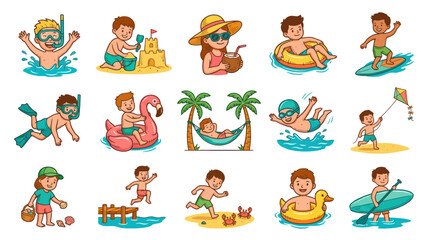 Obraz premium Kids Summer Beach Activities Cartoon Vector Illustration Set. Children Playing, Swimming, and Vacationing Fun