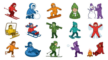 Fototapeta premium Flat Vector Illustration Set of Children Enjoying Winter Recreation, Sports, and Fun Seasonal Activities