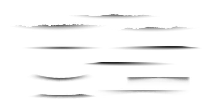 Various transparent shadows and straight linear to curved shapes on white background. Different intensity levels with depth and shading effects. Realistic