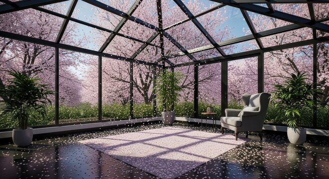 A four-season room with a glass ceiling, capturing cherry blossom petals (sakura) falling and accumulating on the dark floor during hanami season.