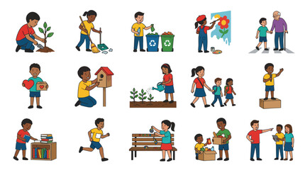 Fototapeta premium Childhood Education and Community Service Flat Vector Illustration: Kids Engaging in Good Deeds Learning
