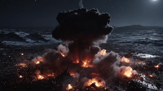 A massive explosion on a dark landscape.