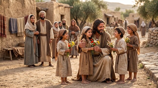 Ultra realistic biblical scene of Jesus warmly welcoming children in a peaceful first-century village, symbolizing love, kindness, faith and compassion.