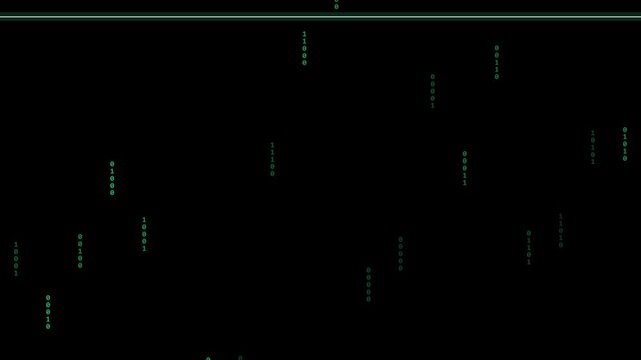Digital binary code falling in green vertical columns on black background