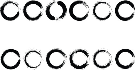 black grunge brush stroke circles enso ring frames vector silhouette isolated on white background graphic element © VactorZone