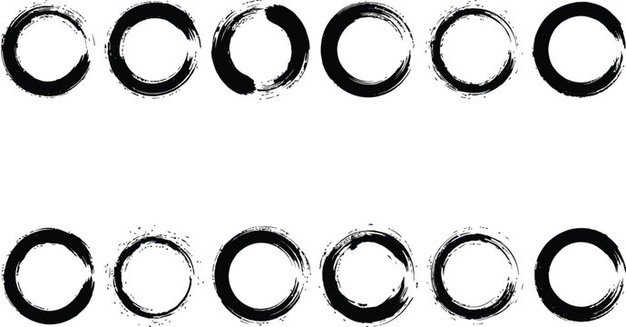 black grunge brush stroke circles enso ring frames vector silhouette isolated on white background graphic element