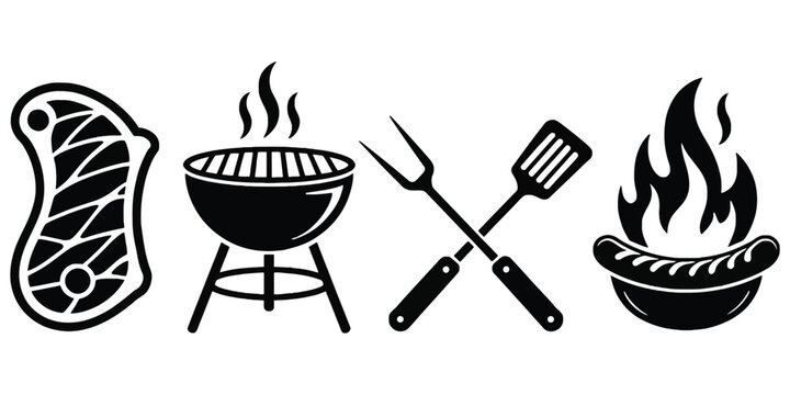 Barbecue BBQ grill silhouette icons featuring T-bone steak, charcoal kettle smoker, crossed spatula, fork, sausage, and fire flame symbols for outdoor cooking and restaurant branding.