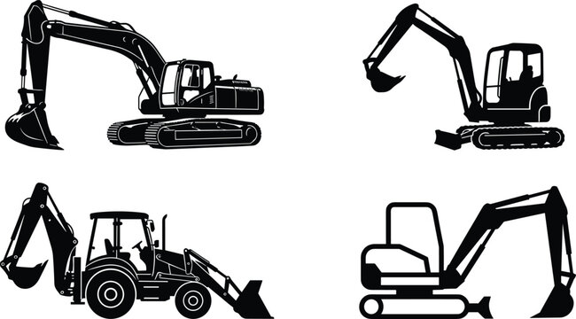 Excavator machinery icon set featuring black silhouettes of heavy crawler digger mini excavator and backhoe loader vector illustrations