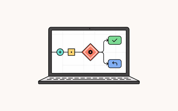 Modern laptop display featuring a conceptual automation sequence where additive inputs pass through a central mechanical gear to reach a successful or revert state