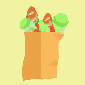 A flat vector illustration of a full paper grocery bag containing baguette bread, carrots, and lettuce, isolated on a pale yellow background. Great for grocery shopping, healthy food, and market theme