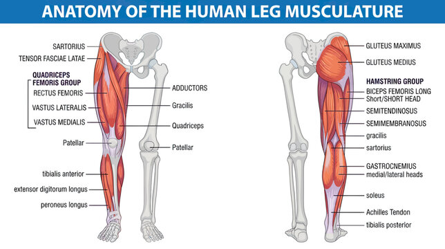 Anatomy of the Human Leg Musculature: Anterior and Posterior Views