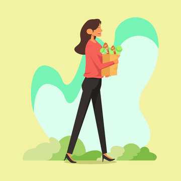 A flat vector illustration of a smiling woman walking while carrying a paper grocery bag filled with bread, carrots, and lettuce, isolated on a pale yellow background with abstract teal shapes. Perfec
