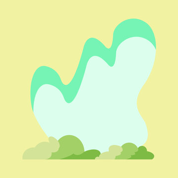 A flat vector illustration of an abstract organic background shape in teal and mint tones, sitting above green bush elements, isolated on a pale yellow background. Great for backdrop, banner, and deco