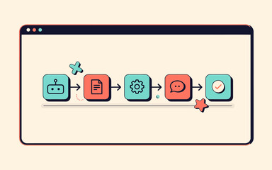 Fototapeta premium Digital automation journey represented within a browser window showing the transition from robotic processing and documentation to human communication and success