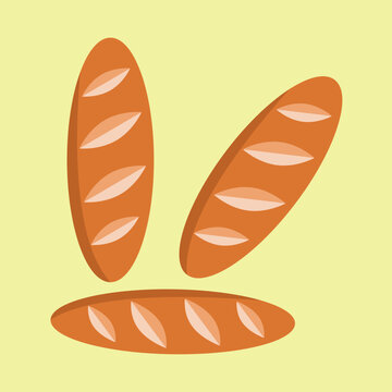 A flat vector illustration set of three baguette bread loaves in different positions, isolated on a pale yellow background. Ideal for bakery, grocery, and food themed designs.