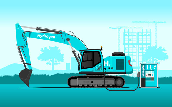Hydrogen powered heavy equipment excavator charging at construction fuel cell power pack. Flat vector illustration with light blue construction silhouette background. Zero emission in construction.