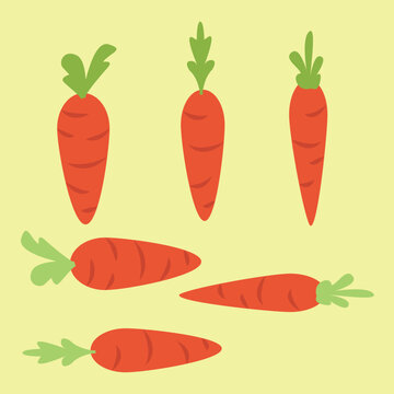 A flat vector illustration set of six fresh carrots in various positions with green leafy tops, isolated on a pale yellow background. Great for grocery, healthy eating, and vegetable themed designs.