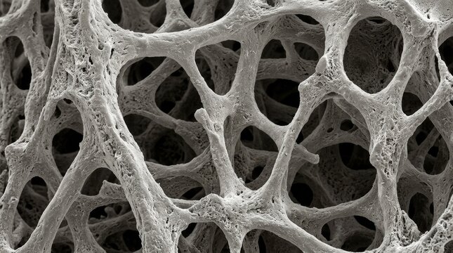 Microscopic Spongy Bone Trabecular Network: A highly detailed close-up view in image displaying the intricate, porous, and branching trabecular structure typical of human cancellous bone tissue