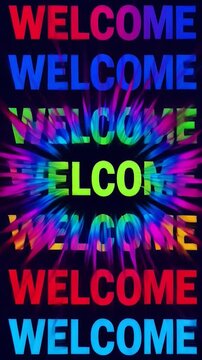Bright colorful welcome text repeated on a dark background