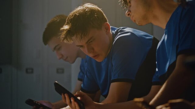 Friendly Interaction in Youth Sports Dressing Room Where Group of Teenage Football Players Using Smartphones and Chatting. One Boy Showing Funny Video or Social Media Content to Teammate. Camaraderie.