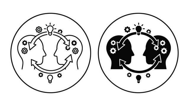 Brainstorming and knowledge sharing concept between two heads line and solid