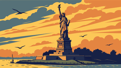 Detailed vector illustration of the iconic statue of liberty standing tall against a vibrant orange sunset sky in new york © Asifa