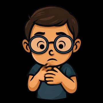 Sad clever boy holding hands in worry animated illustration graphic without background