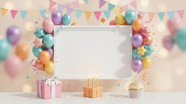 Festive birthday celebration with balloons cake and blank frame for text or design