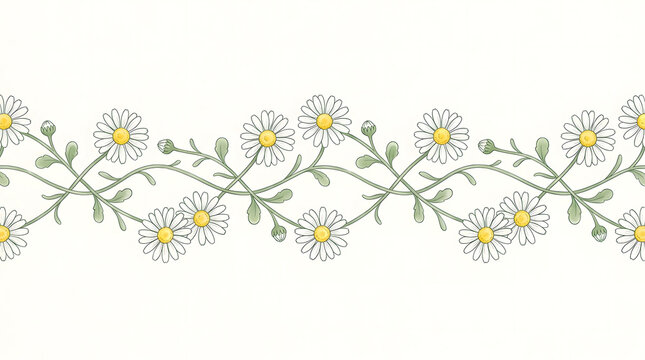 Hand drawn daisy chain border with floral motif on a clean white background for decorative design